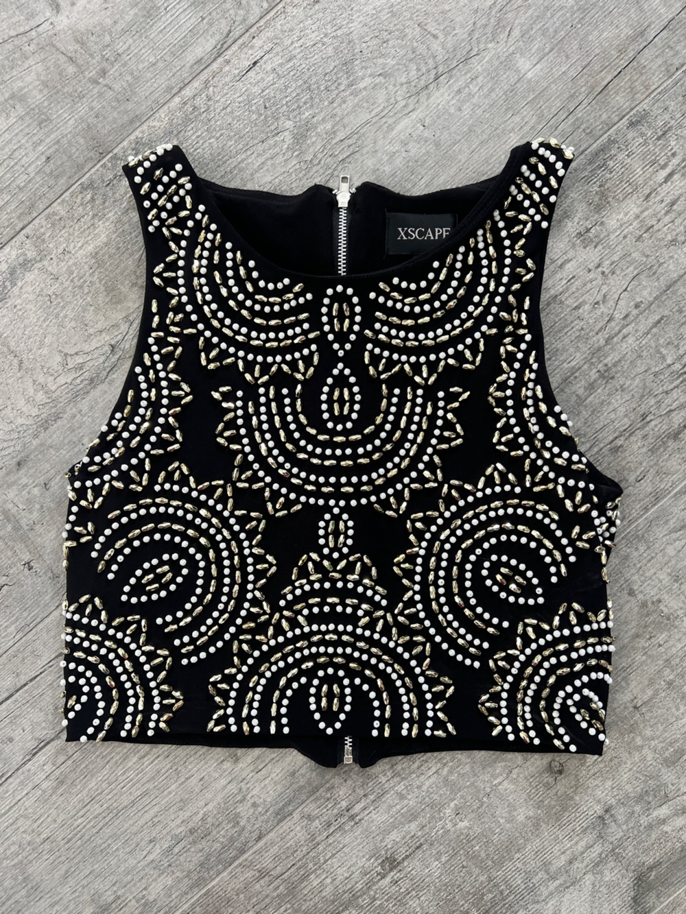 Xscape Party Statement Crop Top with White and Gold Beadwork, Zipper back Sz 4